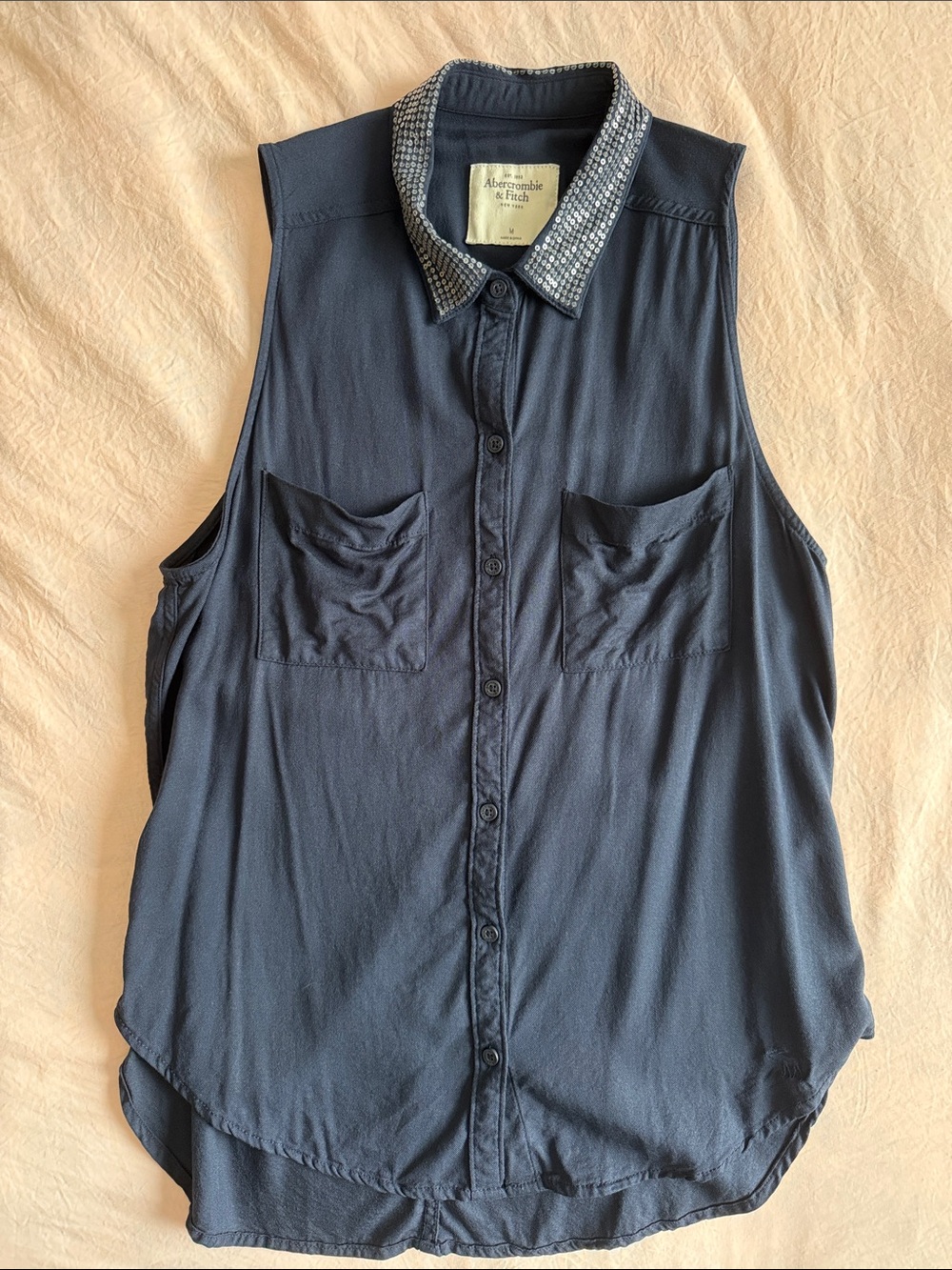 Vintage Abercrombie & Fitch Navy Blue Sequin Collar Sleeveless Button Up M